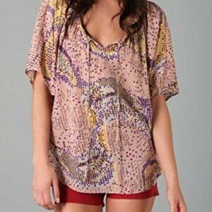 Parker Tunic Top L Silk Pink Multicolor Metallic Dolman Peasant Boho